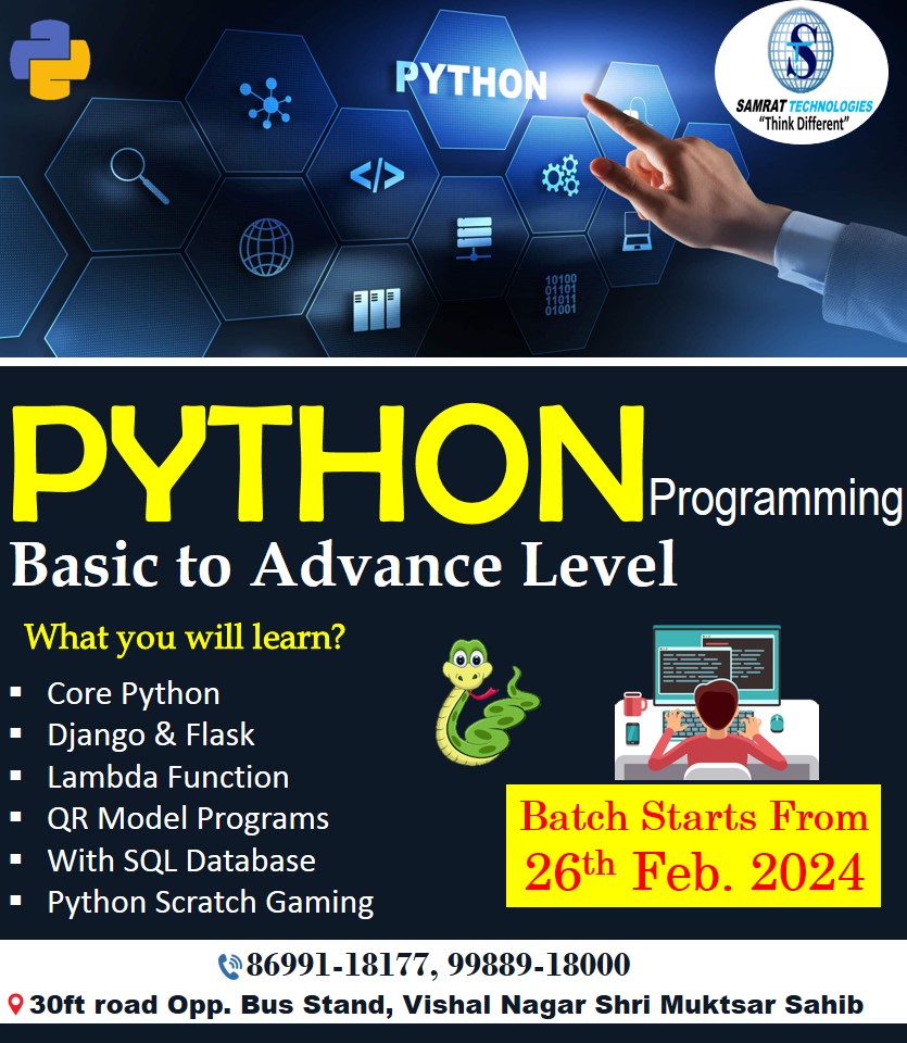 PYTHON PROGRAMMING
👍🏻Core Python
👍🏻Django & Flask
👍🏻Lambda Function
👍🏻QR Model Programs
👍🏻With SQL Database
👍🏻Python Scratch Gaming
#python   #sqldatabase   #corepython    #Django
#logodesign  #Flyer  #bookcovers 
#Webdesigning   #computercourses