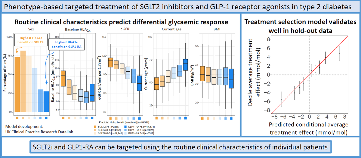 Precision medicine in type 2 diabetes - our new @ExeterMed paper in @DiabetologiaJnl developing a treatment selection model for GLP1-RA & SGLT2i treatments using Bayesian Causal Forests link.springer.com/article/10.100… Web calc using routine clinical features: pm-cardoso.shinyapps.io/SGLT2_GLP1_cal…