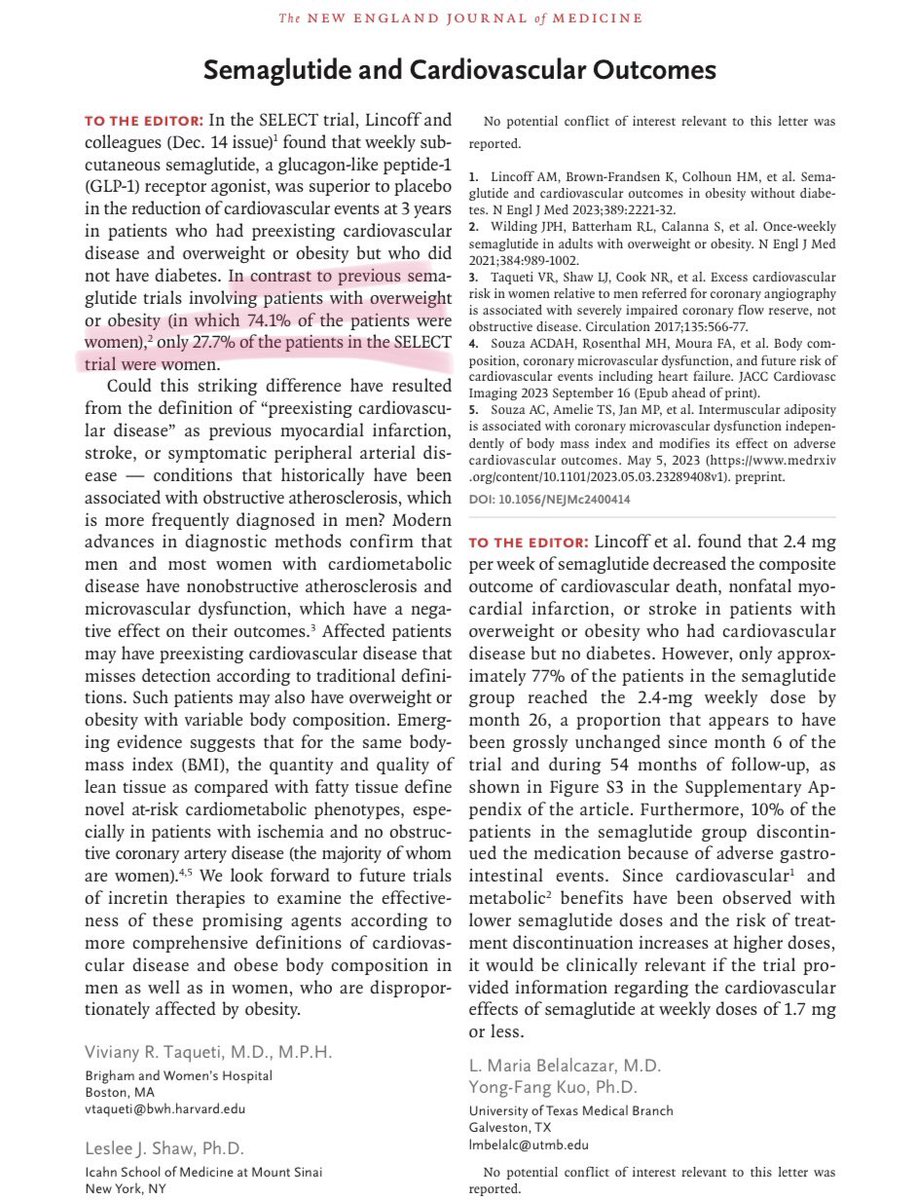 A missed opportunity to fully assess #cardiovascular outcomes of GLP1 RA in representative patients 🚺🚹 with #obesity and #cardiometabolic disease - Can we do better? ⚖️🫀#INOCA @lesleejshaw @NancyatHeart @FLOTUS @NIHDirector @NEJM rb.gy/j11yds