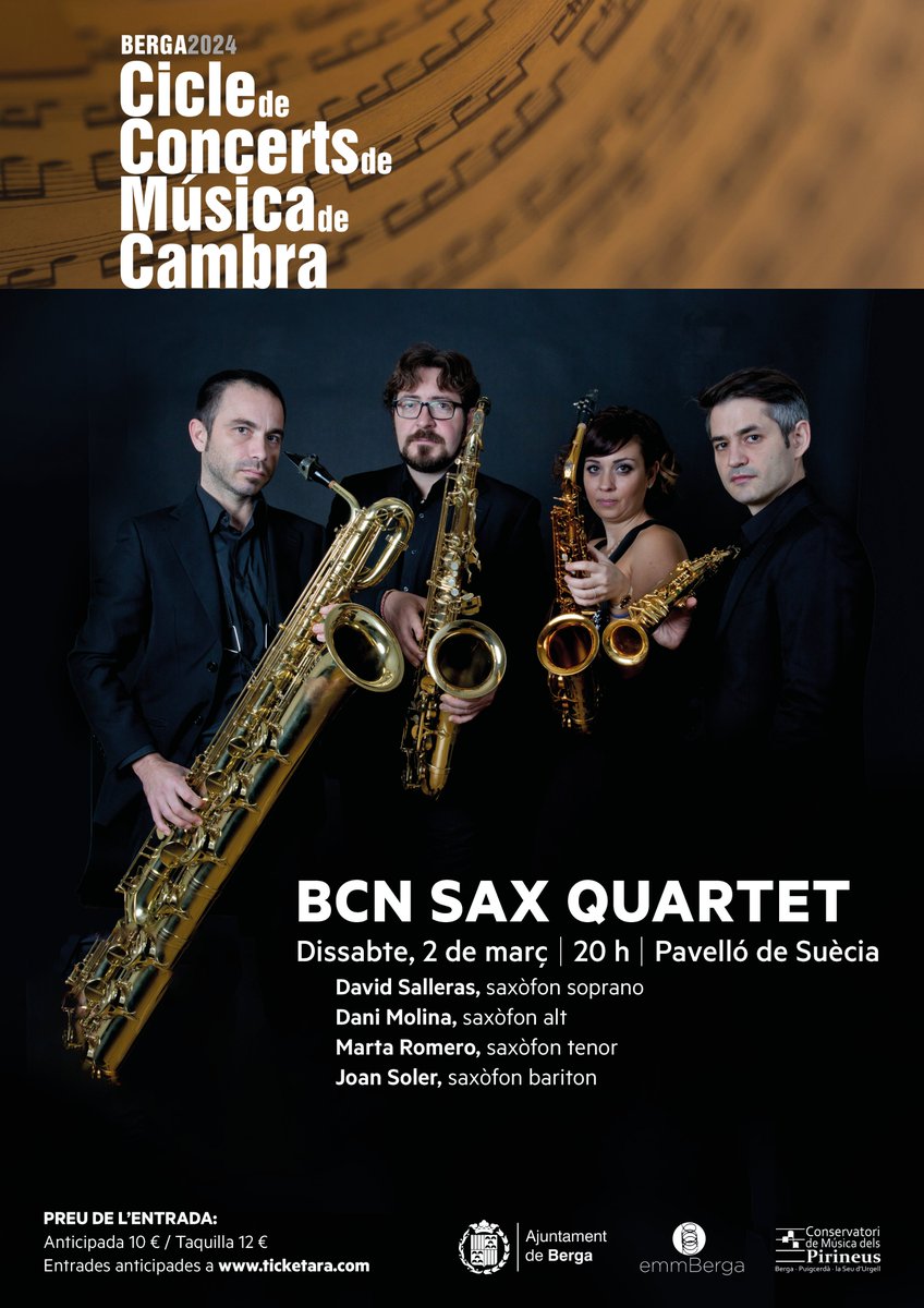 🎼 BCN Sax Quartet
🗓️ Dissabte, 2 de març
🕗 20 h
📍 Pavelló de Suècia
💵 10 € (entrada anticipada per Internet) i 12 € (entrada a taquilla)
🎟️ Venda d'entrades a ticketara.com/b/ajuntament-b…