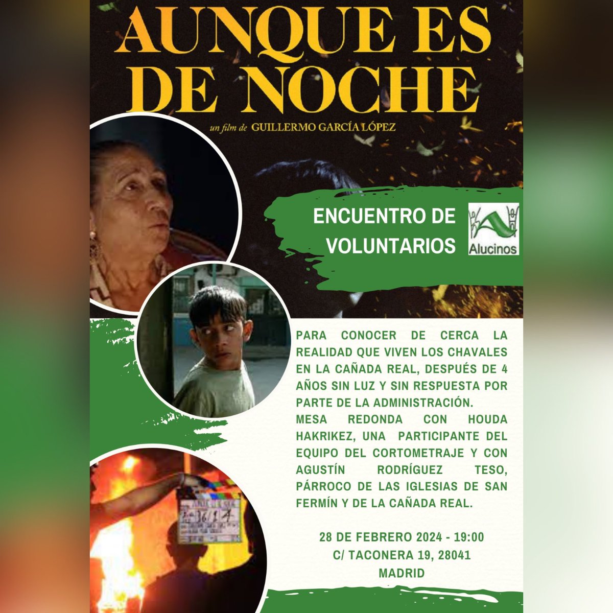 ¡#AunqueEsDeNocheCorto sigue su recorrido! 

Felices de poder presentar el cortometraje en Alucinos, Asociación del Barrio San Fermín.

📅 28 de febrero
📍C/ Taconera 19 (Madrid)
🕓 19:00 hrs

¡Os esperamos!

#AunqueEsDeNoche  #Cortometraje #EvenThoughItsNight #38PremiosGoya