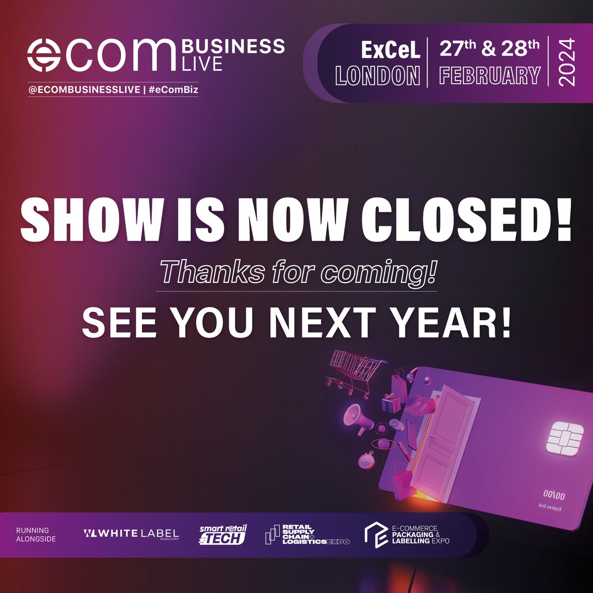 eCom Business Live London wraps up!  Hope you gained knowledge, inspiration, and valuable partnerships. Counting down to next year!  Massive thanks to exhibitors, speakers, judges, nominees, and partners for making it incredible! And a big thank you to our visitors!