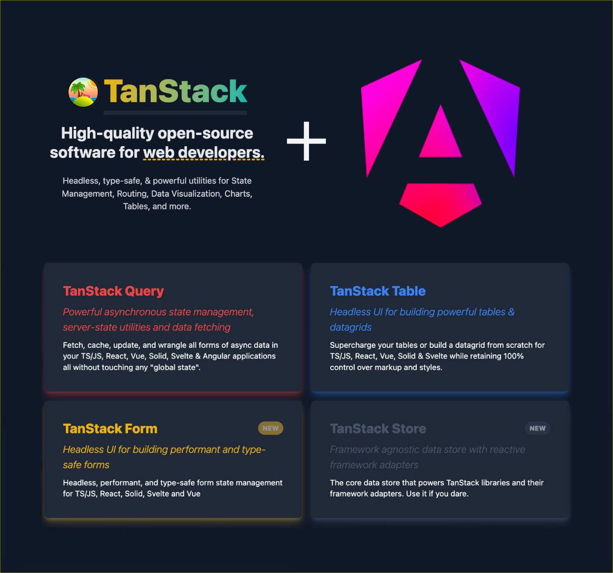 🌴 Adapters in works for #Angular 

🔴 TanStack Query
🔵 TanStack Table
🟡 TanStack Form
⚫️ TanStack Store

TanStack is rapidly merging 
with #Angular ecosystem!

Why should you be excited?

Key characteristics of each 👇

🔴 TanStack Query 🔴

- Backend agnostic
- Dedicated