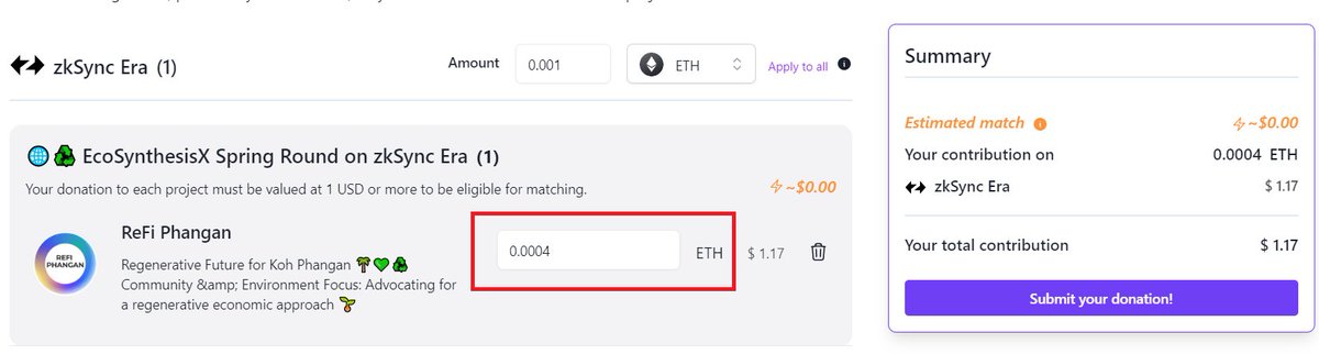 Dote Gitcoin bằng #ZksyncEra:

1⃣AE Truy cập: 
explorer.gitcoin.co/?utm_source=gr…

2⃣Chọn các dự án có đánh dấu #ZksyncEra (tô đỏ)

3⃣Thêm dự án thành viên vào giỏ hàng, nhập một ít ETH để donate -> rồi bấm Submit your donation -> Done.