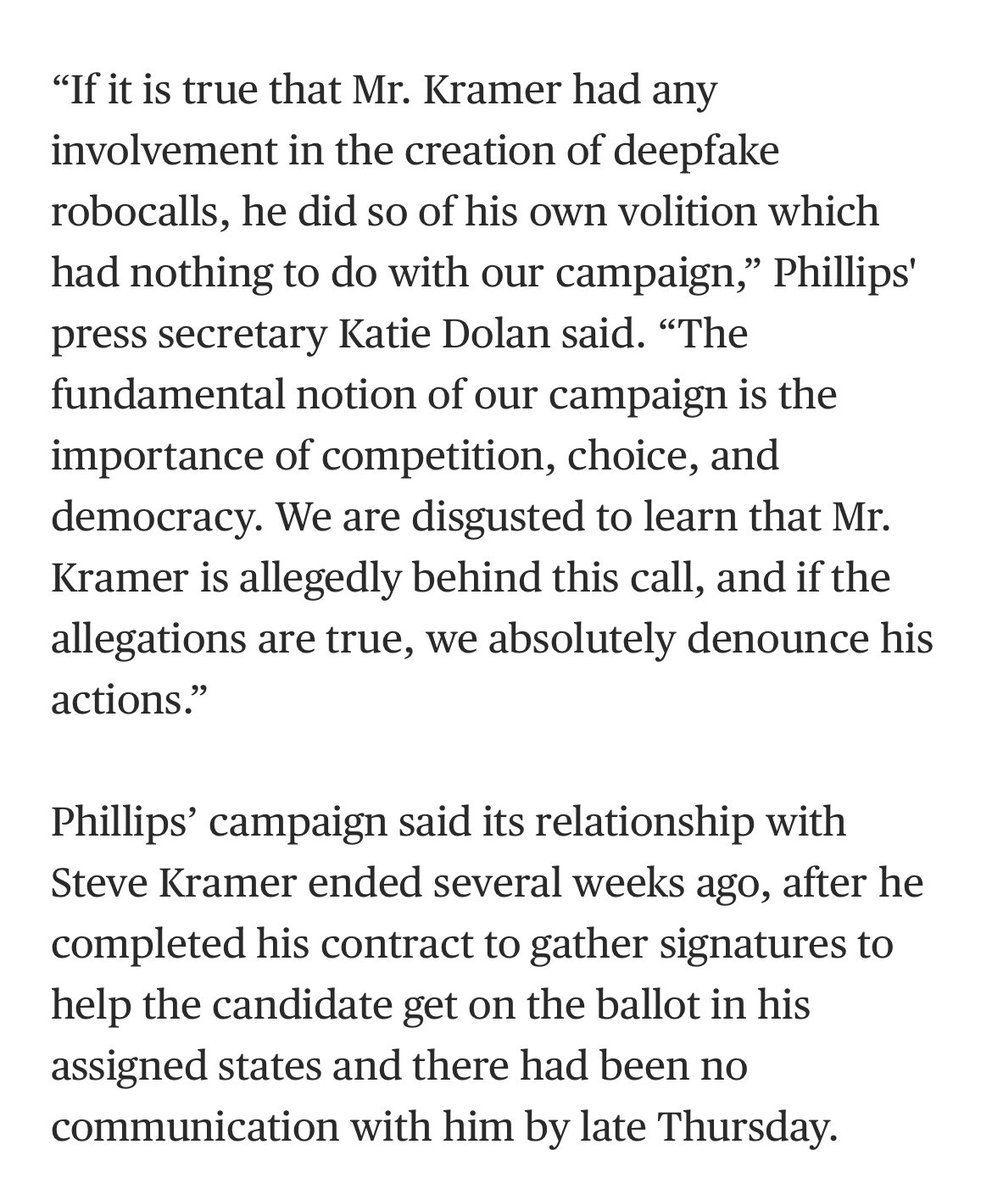 This NBC News story says one of those alleged to be closely involved was a prior vendor for Dean Phillips for ballot access work. The Phillips campaign says it had no involvement in the deepfake Biden robocall and no longer works with the vendor.