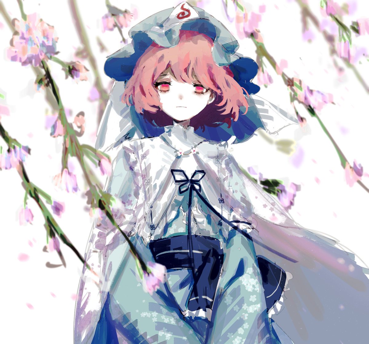 saigyouji yuyuko 1girl solo pink hair cherry blossoms hat wide sleeves mob cap  illustration images