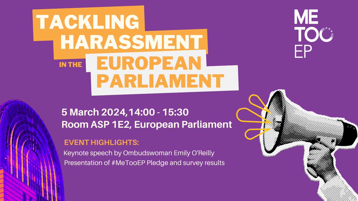 MeTooEP's tweet photo. SAVE THE DATE: Tackling Harassment in the European Parliament - Mapping Progress &amp; Paving the Way Forward

📅5/3, 14:00-15:30, EP
🗣️ Launch of the @MeTooEP Pledge for 2024-2029
✉️Media requests &amp; registration: metoo-ep@europarl.europa.eu

#MeTooEP #MeToo #IWD #IWD2024 https://t.co/AnrUaXkljG