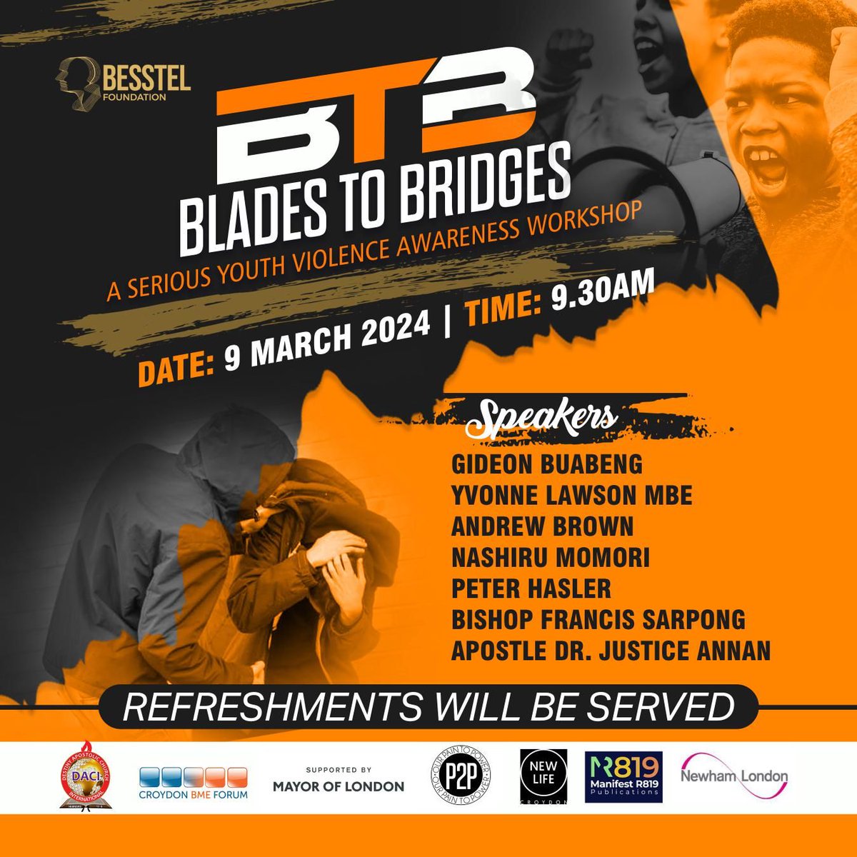 Putting an end to violence in our society, <a href="/besstelcaph/">Besstel Foundation</a> present Blades To Bridges #btb be a part of this now!!!

<a href="/pastorafreh/">Pastor Richard Afreh</a> <a href="/mayorofldn/">The Mayor</a> @croydonhealthservices
 @croydoncommunityleaders <a href="/croydonbmeforum/">Croydon BME Forum</a>
<a href="/newhamlondon/">Newham London 💙</a> @newhamrecoverycollege
<a href="/dacitv/">Destiny Apostolic Church Intl</a>
#mentalhealthawarenessManhyia