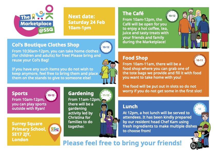 Tomorrow! The Marketplace is open from 10am-1pm @SurreySqSchool See what’s on offer below👇 📣Tell your friends and family. 💚All welcome! Pls share. #MoreTogether #community