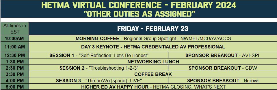 Smearin_Off_Ice's tweet photo. DAY 3 of the @HETMA_org Virtual Conference begins in a couple hours - we have another awesome day planned... and no HETMA event is complete without some kind of reveal. Join us for the Keynote to find out! #HETMAvirtual24 #virtualBeforeItWasCool #higherEdAV https://t.co/P0qfs9NSL3
