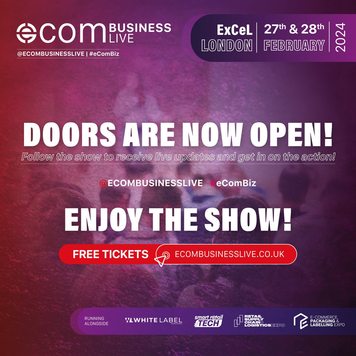 DOORS OPEN NOW 🎉 

Welcome to eCom Business Live! Get ready for a day packed with incredible content. Share your day with us by tagging us in your pics and vids! 

 If you have ticket issues, visit the main entrance. Enjoy! 👋 

#eComBiz #DoorsOpen #Day1