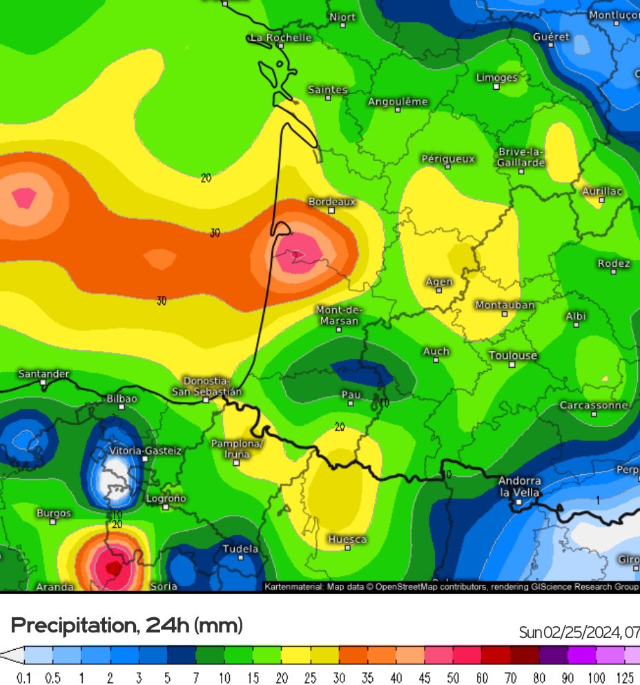 VigipreventionM's tweet photo. 🌧️⚠️/❄️: plusieurs #salve #orageuse sont attendus dans les prochaines heures dans le #sud-#ouest d’ici fin du #week-end, il #pourrait tomber l’équivalent d’un #mois de #pluie, notamment sur les #Landes et la #Gironde . (60-80mm) . Retour de la #neige en #montagne dés 700-1000 m! https://t.co/kYFAY6WBpK
