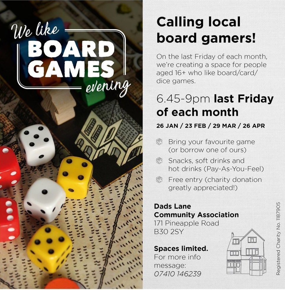 Calling local board gamers! Tonight we're having our We Like Board Games Evening at Pineapple House, 6.45-9pm.

Bring a game (or borrow one)
Pay-as-you-feel café
Free entry (donations welcome)

See you there! 🎲