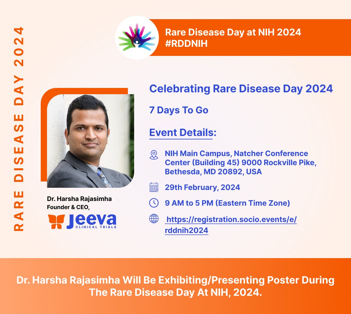 Dr. @HarshaRajasimha & team @Jeevatrials will be at the event held by @NIH with @US_FDA, @ncats_nih_gov, @NIHClinicalCntr, @theNCI, @nih_nhlbi, @NIAAAnews, @NIH_NINDS, @RareDiseases, @rarediseasesnet, @EveryLifeOrg, & @TheChildrensInn. Visit: hubs.la/Q02m3j6W0 #RDD #RDDNIH