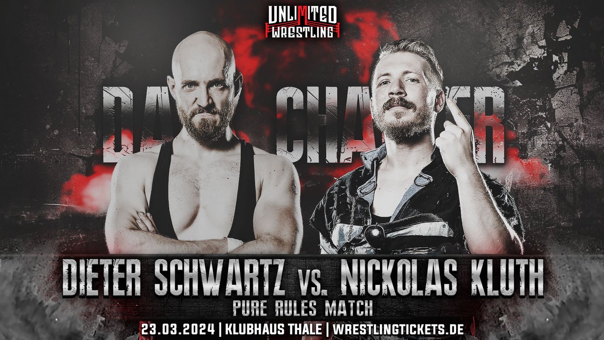 WeAreUnlimitedW's tweet photo. Dieter Schwartz hat eine offene Herausforderung ausgesprochen. Nickolas Kluth hat angenommen.
Bei DARK CHAPTER am 23.03.24 werden die beiden in einem #PureRules Match aufeinandertreffen!
Es bleiben weniger als 10 Tickets:
🎟️https://t.co/foXyXp1qcA https://t.co/BCtt6BVSL1