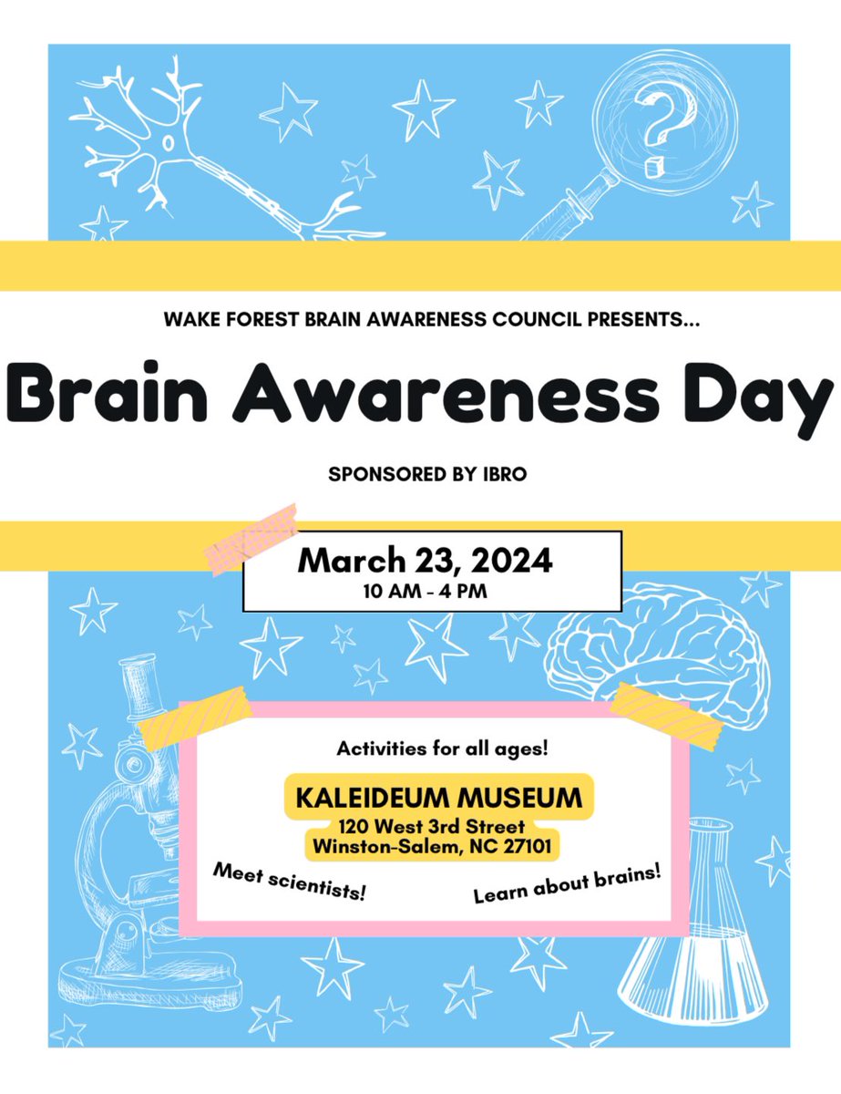 ⏰START THE COUNTDOWN⏰ - 29 more days till Brain Awareness Day at the Kaleideum Museum in Downtown Winston-Salem! Please join us for a fun &amp; interactive day to learn about neuroscience &amp; the brain. 🧠🧠 Hope to see you all there! #kaleideum #neuro
