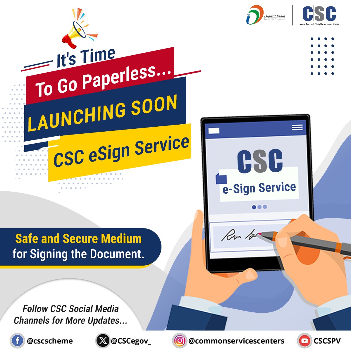 CSCegov_'s tweet image. It&apos;s Time To Go Paperless &amp;amp; #GoDigital with #CSCeSign Service...

Launching soon to bring you a smooth #paperless experience.

To know more about the service, read here: csc.gov.in/assets/e-magaz…

Stay tuned!

#CSC #ComingSoon #DigitalIndia #DigitalSignature #eSign #CSCeSignService