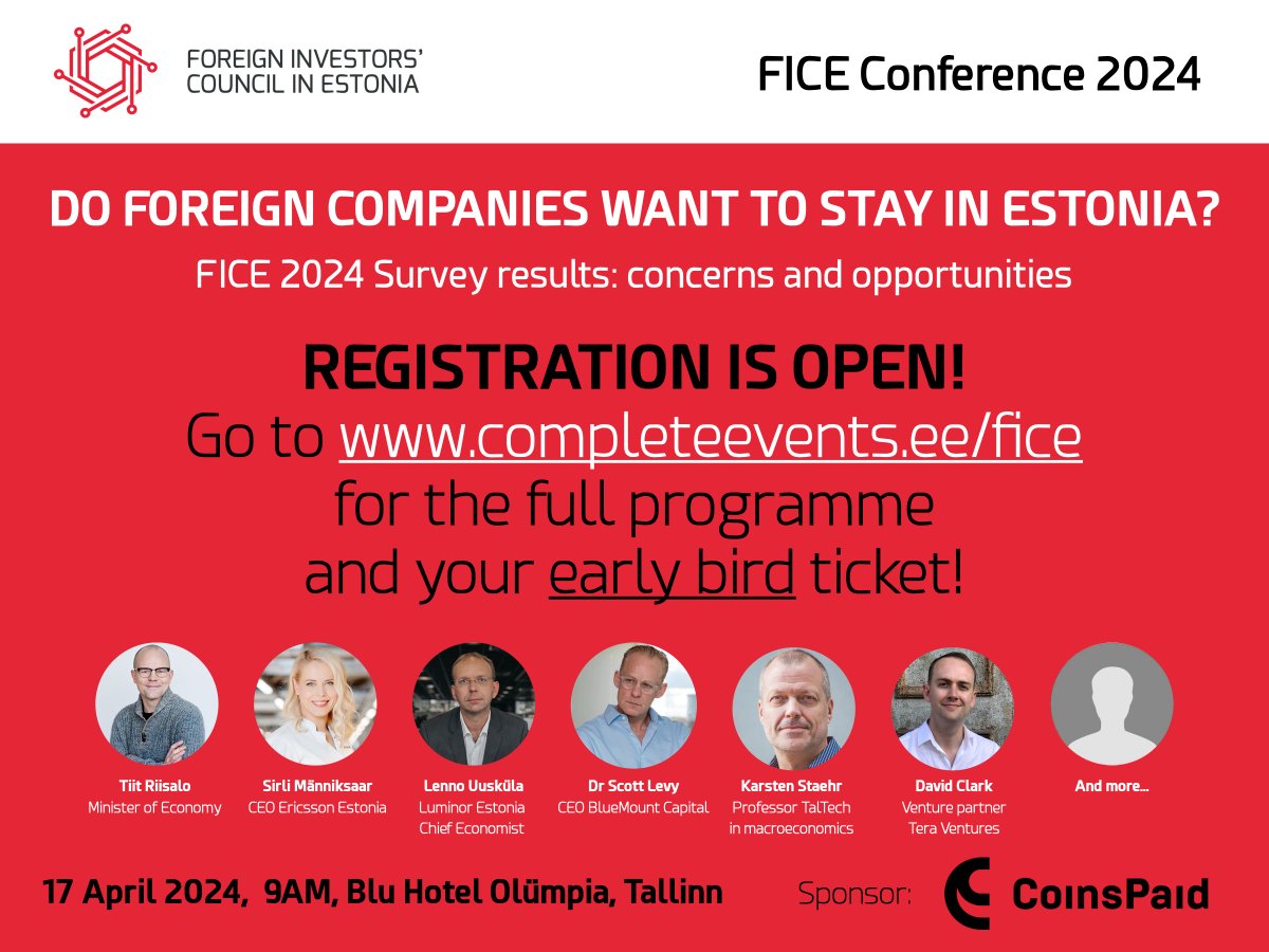 Today we open the registration for our conference 'Do Foreign Companies Want to Stay in Estonia?'. 

Join us on 17 April for a great event on this pressing question and take part in lively discussions.

Go to completeevents.ee/fice/ for the programme and your early bird ticket!