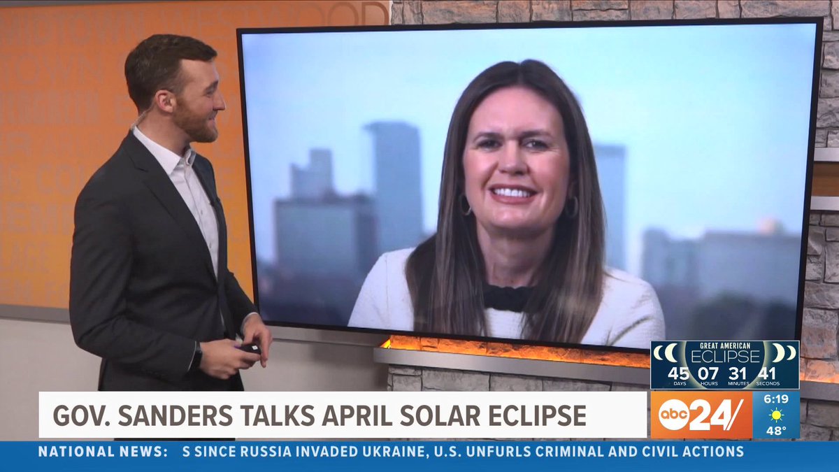 Trevor Birchett ⚡️ (@weathertrevor) on Twitter photo We had Arkansas Governor <a href="/SarahHuckabee/">Sarah Huckabee Sanders</a> on <a href="/ABC24Memphis/">ABC24 Memphis</a> this morning to talk about the April 8th solar eclipse and all of the events planned across the state. You can watch our full interview here: abc24.com/article/news/w… We had Arkansas Governor <a href="/SarahHuckabee/">Sarah Huckabee Sanders</a> on <a href="/ABC24Memphis/">ABC24 Memphis</a> this morning to talk about the April 8th solar eclipse and all of the events planned across the state. You can watch our full interview here: abc24.com/article/news/w…