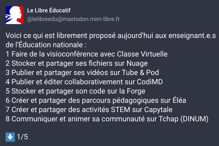 Nous partageons ce fil publié sur notre compte Mastodon mesurant le chemin parcouru par le ministère de l'Éducation nationale pour proposer aux enseignants un ensemble de services numériques libres, souverains, sécurisés, cohérents et complémentaires.
mastodon.mim-libre.fr/@lelibreedu/11…