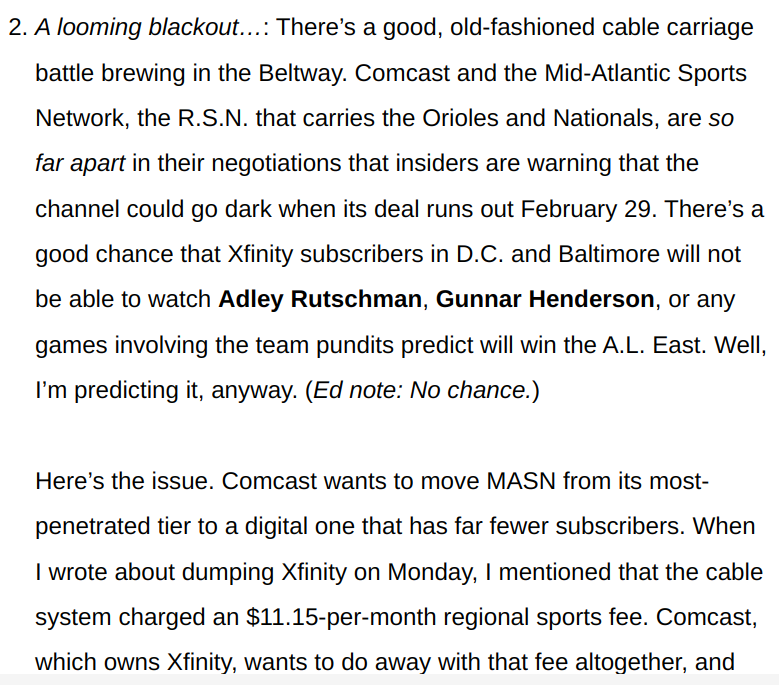 mattkremnitzer's tweet photo. Here's the latest from John Ourand on the dispute between Comcast and MASN. I've been close to getting rid of cable before, but losing MASN would be the last straw https://t.co/VTbxLVLfzt