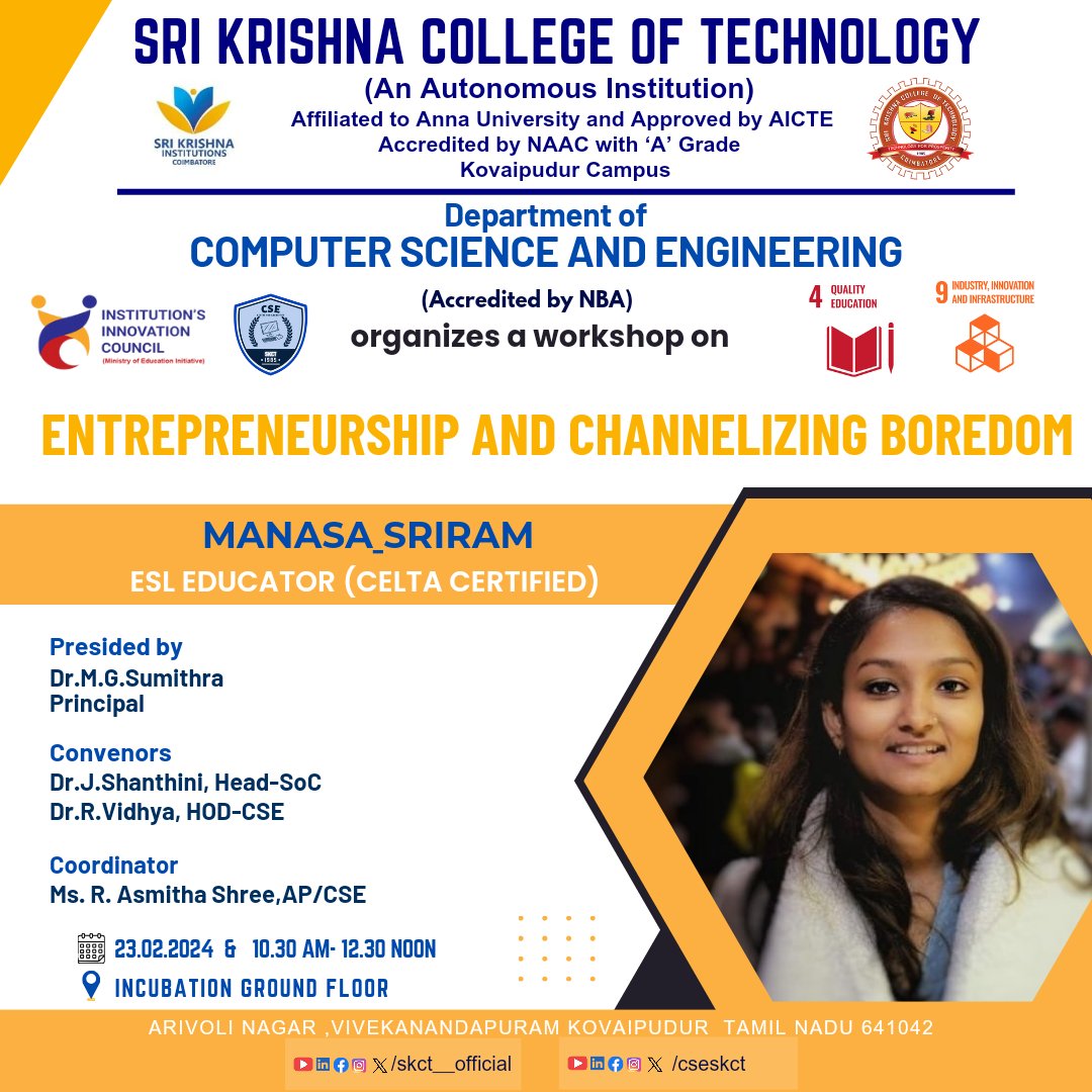 skct_cse's tweet photo. Department of Cse organized a workshop on Entrepreneurship and Channelizing Boredom in association with iic on 23/02/2024
@ugc_india @AICTE_INDIA @mhrd_innovation @PMOIndia https://t.co/J39nPIH02B