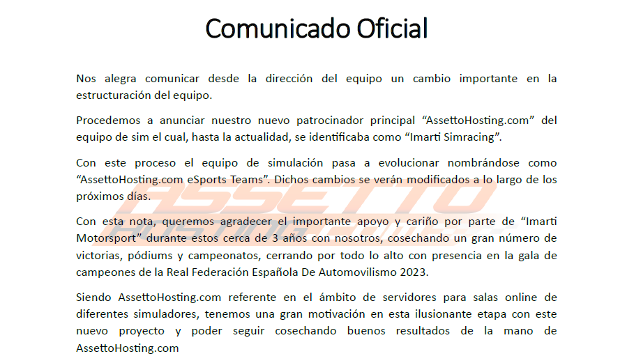 AH_eSportsTeam's tweet image. 📢 COMUNICADO OFICIAL 📢

Nos alegra anunciar una importante nueva e ilusionante etapa para el equipo.

🧡🤙
 assettohosting.com