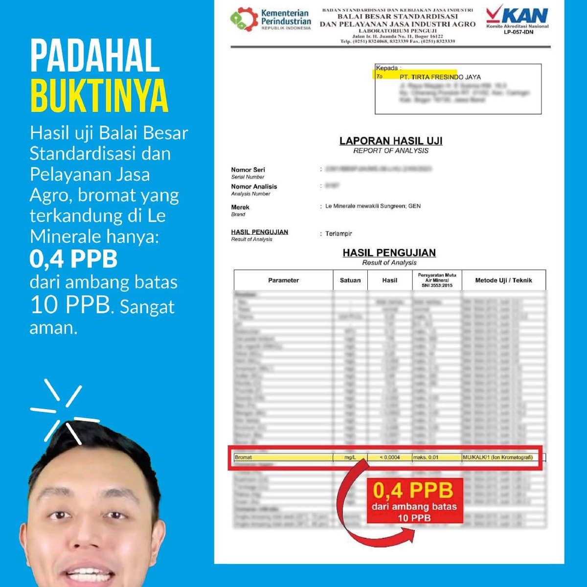 Dari awal udah curiga kalau konten Gerald Vincent ini hoax. Yg paling mencurigakan, doi ga nyebutin sumber datanya dr mana. Cuma nunjukin tabel2 doang seolah2 itu hasil resmi. Pdhl ngarang?

dan bener lgsg diklarifikasi oleh Le Minerale bersama bukti hasil uji lab dr lembaga