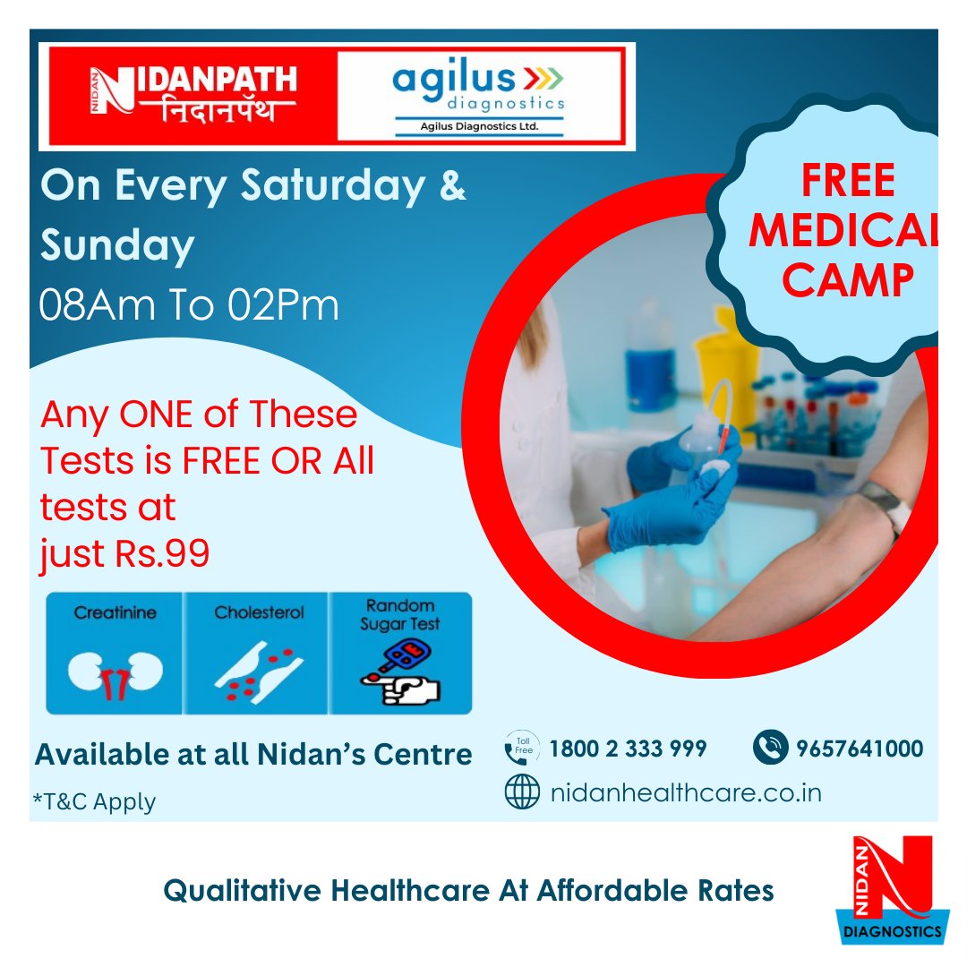 Join us in spreading the gift of life!
Nidan Diagnostics proudly hosts a free medical camp every Saturday and Sunday.

#nidandiagnostics #wellnessjourney #diagnostic #health #affordable #freecamps #healthy #healthcareinnovation #diagnosticservices #medicaltesting #wellnesscheck