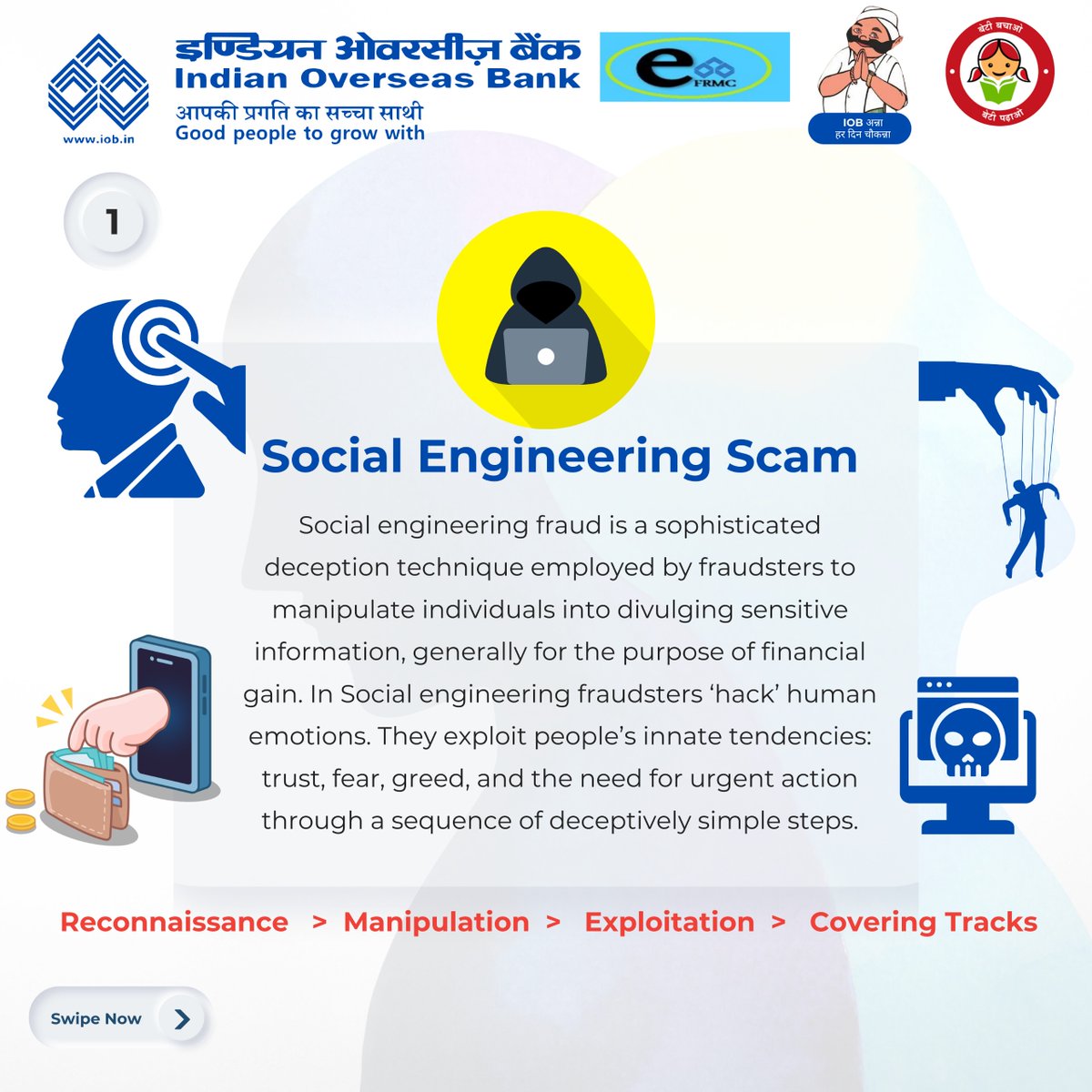 IOBIndia's tweet photo. "Stay informed, stay protected. Guard yourself against social engineering scams - awareness is the first line of defense" #IOBAlerts #IOB #IndianOverseasBank #DFS #RBI #socialengineeringscam #socialmedia #scams #Alert #Beware #ScamAlert #technology https://t.co/DIraFegvAL