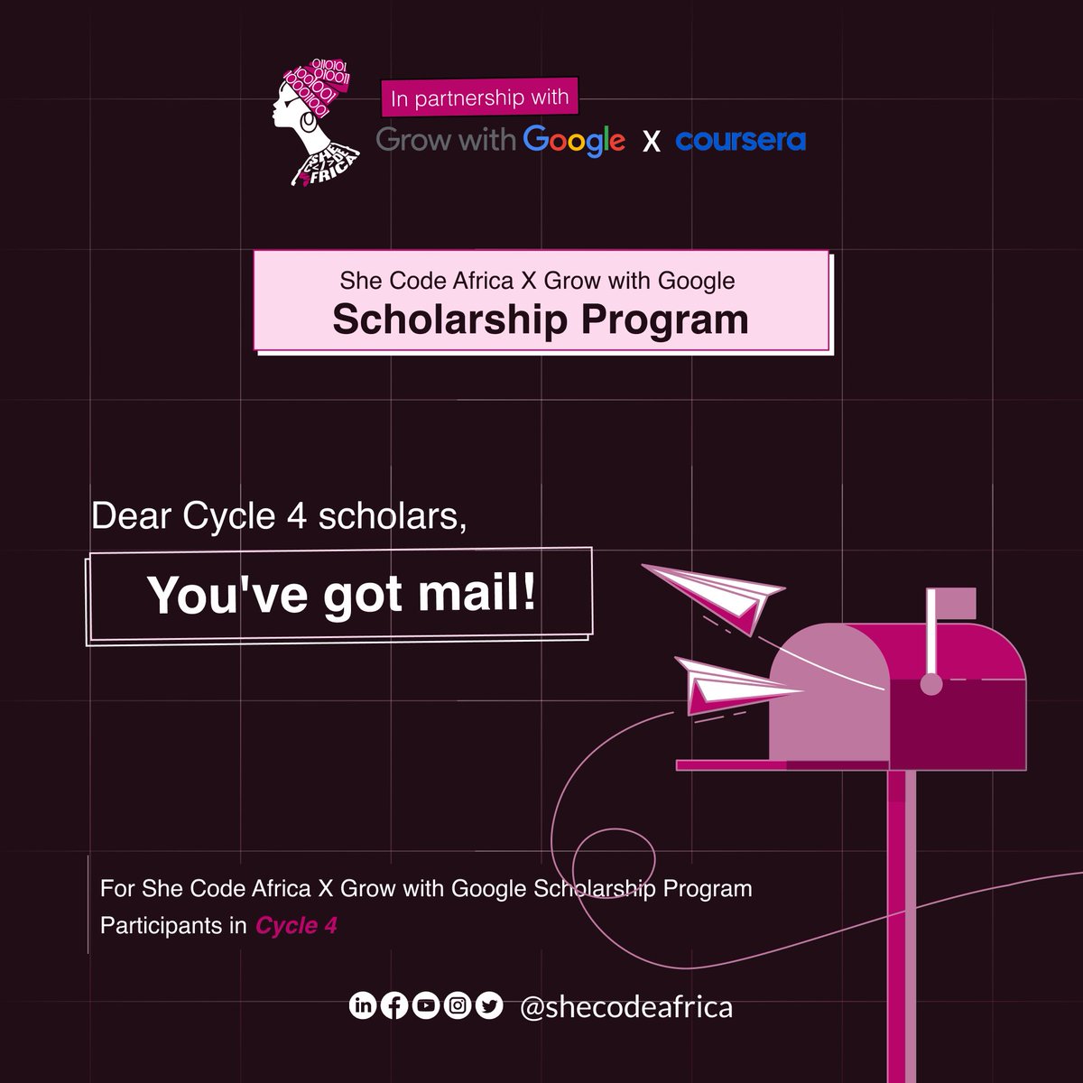 SheCodeAfrica's tweet photo. Dear Cycle 4 Scholars!
You've got mail!
Head to your inbox now for important updates and the next steps in your She Code Africa X Grow with Google Scholarship Program journey! 😁😁
Ps, treat as urgent! ⏳
#SheCodeAfrica #SCAxGWG #TechJourney https://t.co/k814mEL3YU