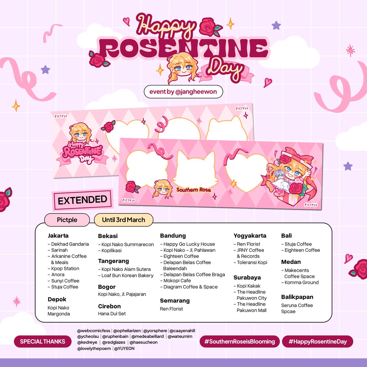 WEBCOMICFESS's tweet photo. 🌹 EXTENDED 🌹

Rosentine's birthday frames are still available for a short period of time! Don't miss out this chance to celebrate her special day 🥳🎉

🗓️ ~2/25, ~3/3
📍 all @selfietimeid &amp; pictple's locations

#HappyRosentineDay #SouthernRoseisBlooming https://t.co/aZz1Rkn7hC