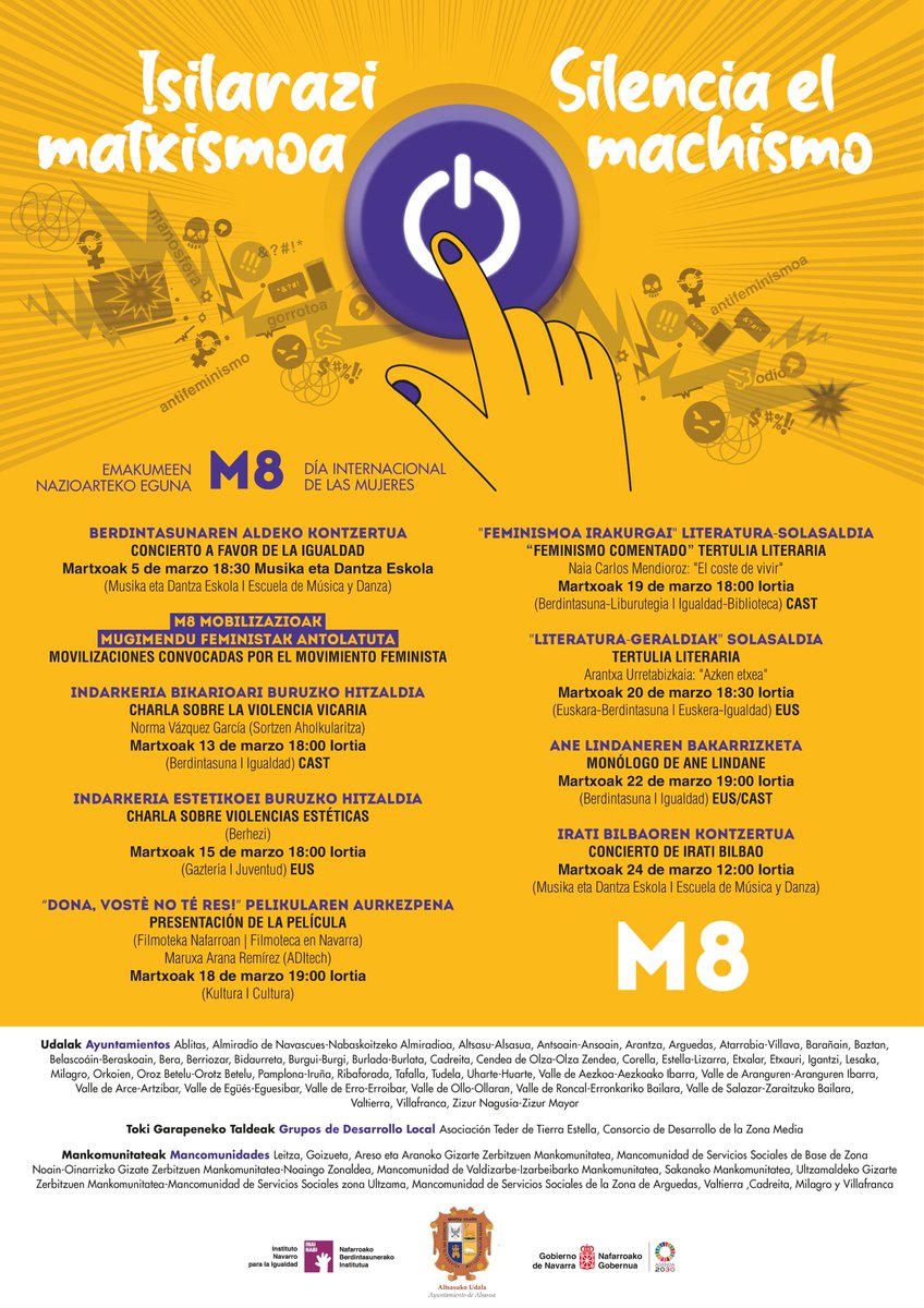 ♀️ M8 EMAKUMEEN NAZIOARTEKO EGUNA ♀️
"Matxismoa isilarazi" da Nafarroako toki-entitateek aurtengo kanpainarako hautatutako leloa.

Eta hau da Altsasuko Udaletik prestatu dugun egitaraua 👇:
Animatu eta parte hartu! 😁
<a href="/JavierOlloMartn/">Javi Ollo Martínez</a> <a href="/EHBilduAltsasu/">EH Bildu Altsasu</a> <a href="/iortia_/">Iortia Kultur Gunea</a> <a href="/gazteria/">Gaztegune Altsasu</a>