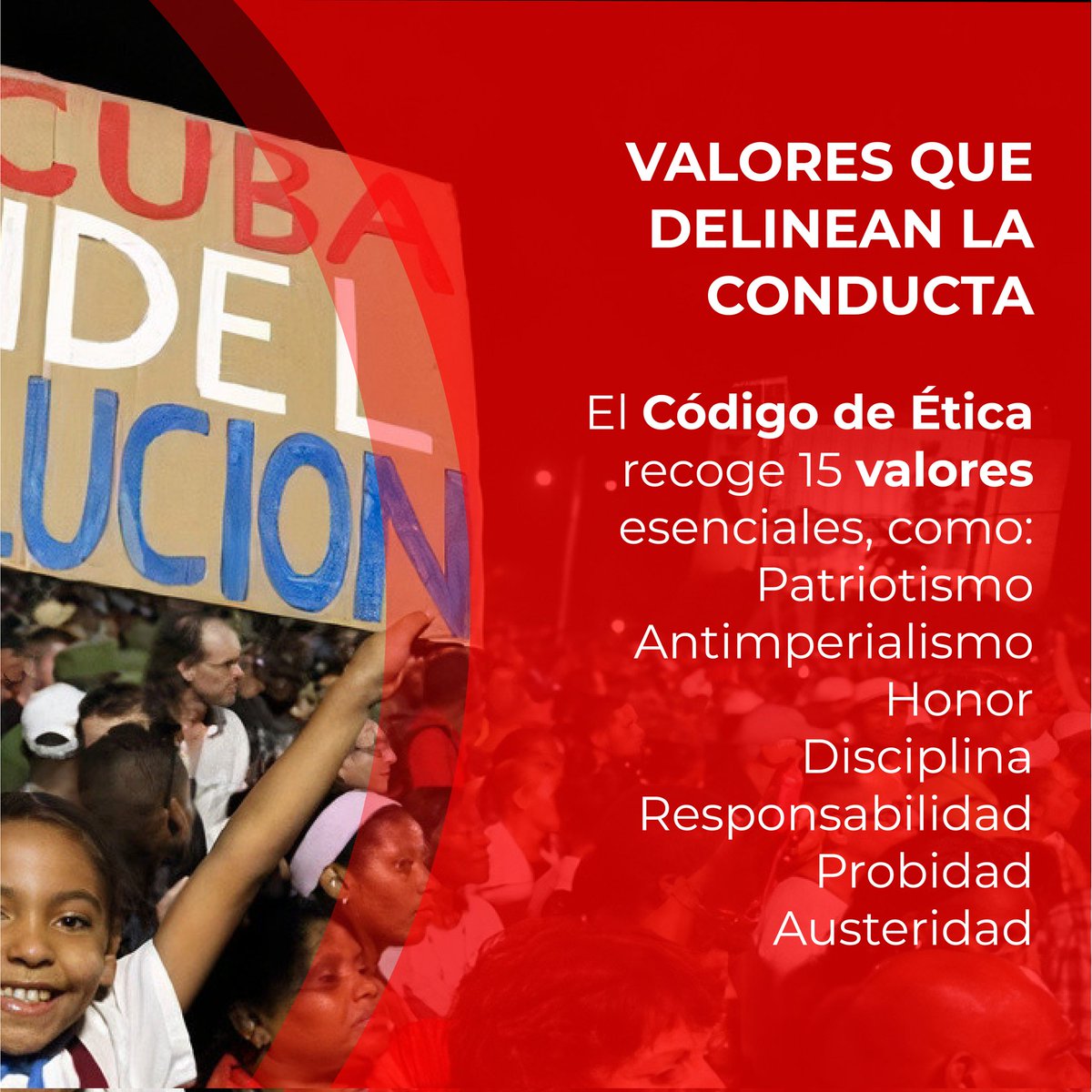 PartidoPCC's tweet photo. Mañana en toda #Cuba, en acto solemne, se firmará el Código de Ética de los Cuadros de la Revolución, entre los valores que deben asumir los servidores públicos están:

Fidelidad, honestidad, altruismo, humanismo, solidaridad, profesionalidad, colaboración y transparencia. https://t.co/nMFUFq8wHT