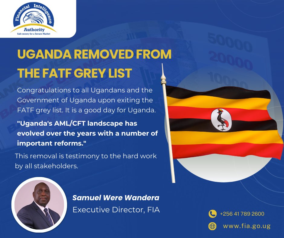 ThefiaU's tweet photo. 🎉 Exciting news from the Financial Intelligence Authority of Uganda! 🇺🇬 We’re thrilled to announce that Uganda has been removed from the FATF grey list—a significant milestone for our nation’s economy and financial integrity. Here’s why this development is such a big deal: https://t.co/ZVYQ52MTgq