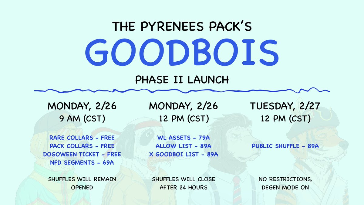 📣 Goodbois Launch Schedule 📣 We will run multiple @ALGOxNFT shuffles based on the assets you turned in or type of list you are in. 🦮 We are launching over 2 days, with Tuesday being the Public shuffle (~800 NFTs)! 🔀 Links will be shared 30m before each shuffle! GL 🫡 1/2