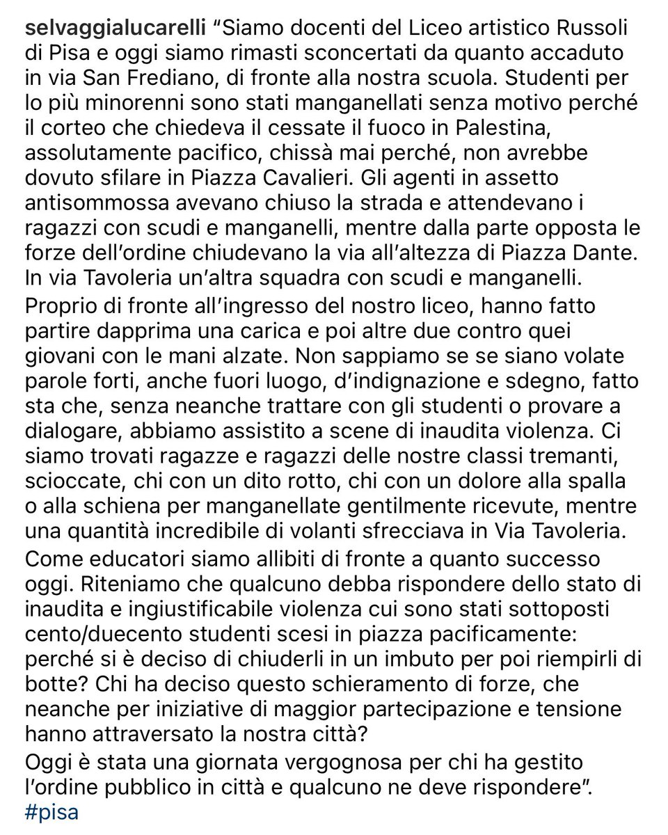 Una manifestazione per chiedere il cessate il fuoco a Gaza diventa un pestaggio ai danni di studenti molti dei quali minorenni. Che desolazione. #pisa