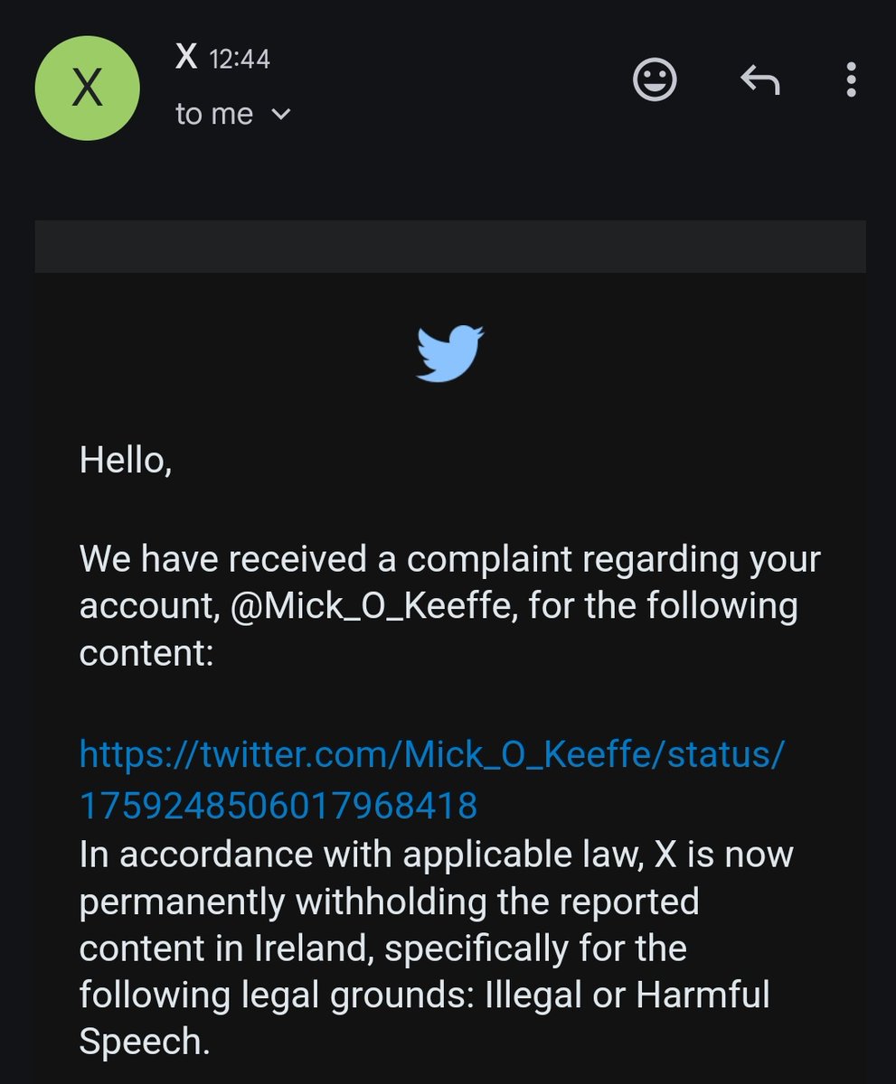 4th post this week to be banned by X in Ireland. This app is dead. Free speech is dead. The Irish government now decides what we can post.