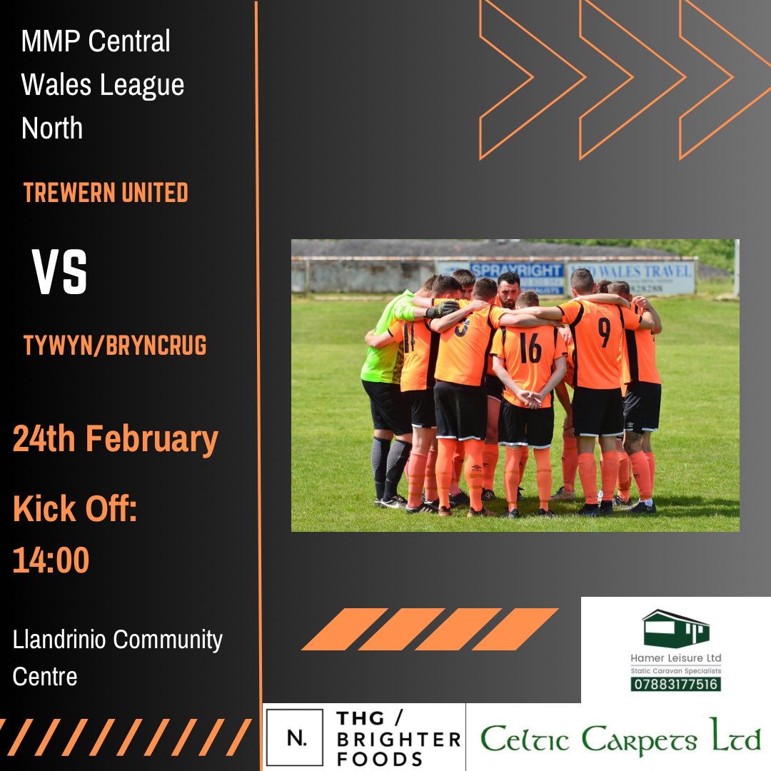 🔶⚽️ Upcoming Fixture ⚽️🔶

🏆 MMP Central Wales League North
🆚  <a href="/TrewernFC/">Trewern United F.C.</a> 
📆 24th February 
⏰ 14:00
📍 Llandrinio Community Centre 

#TBFC