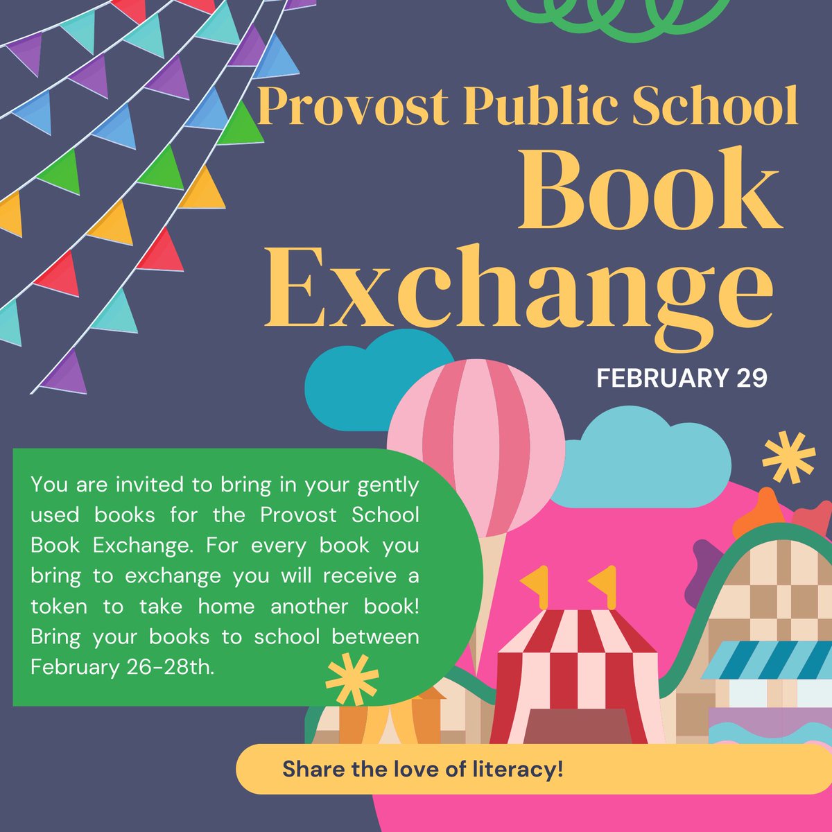 Provost Public School Book Exchange! Bring your gently used books between Feb 26 to 28th. #bookexchange #literacy #reading #PPS #btps28