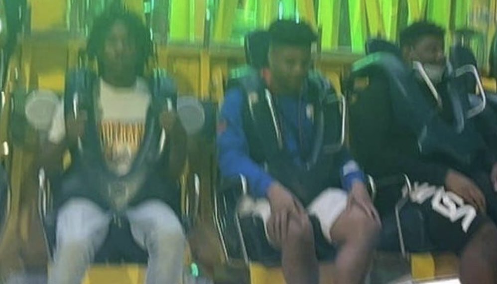 Photograph of 14-year-old Tyre Sampson (far right) moments before he plummeted to his death from the Orlando FreeFall drop tower in Florida. 

Tyre fell because a harness sensor in his seat had been “manually loosened, adjusted and tightened,” allowing for a greater gap than