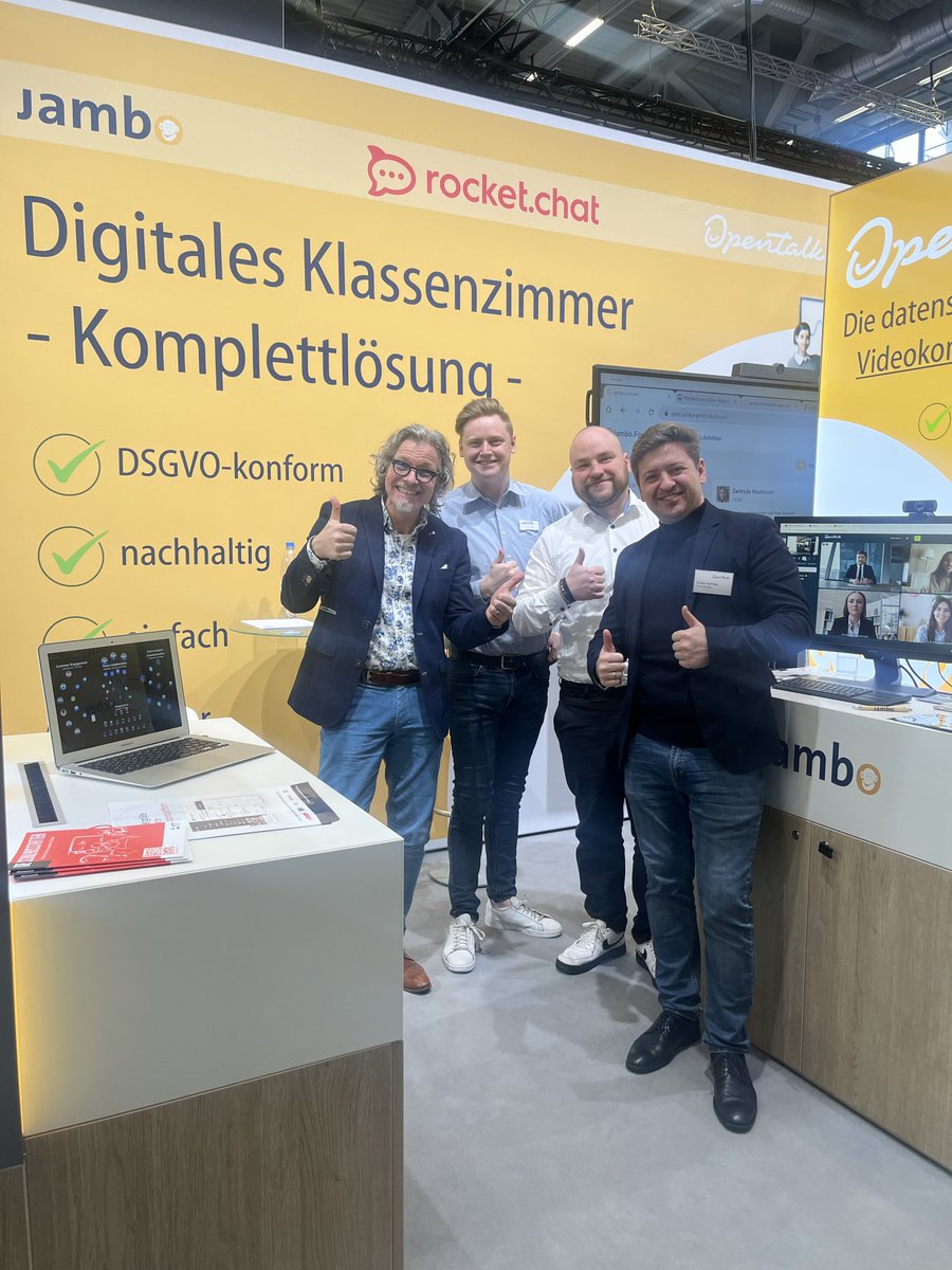 Mit vereinten Kräften für die #Bildungsbranche!  

Vielen Dank an unsere Partner #jambo und rocket.chat mit denen wir gemeinsam in den vergangenen Tagen auf der #didacta vor Ort sein durften.   

#DSGVO #edutech #Bildung #Datenschutz #DigitalEducation #didacta