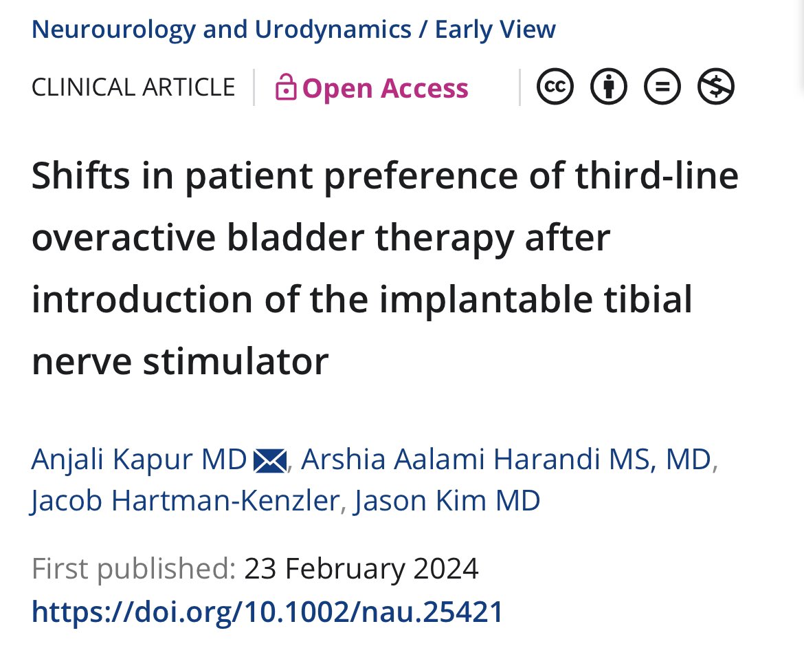 HOT OFF THE PRESS: our study on patient preference of #OAB 3rd line therapies with the intro of implantable tibial nerve stimulator. Interesting findings as our options for treating #OAB continue to expand with advances in neuromodulation. #SUFU24 onlinelibrary.wiley.com/doi/10.1002/na…