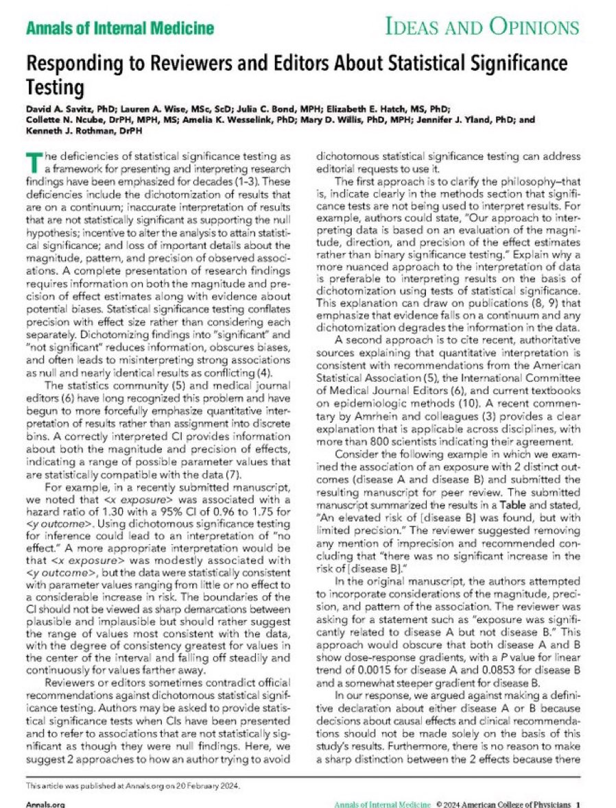 Reviewers often request inappropriate #statistical testing This📄 discusses how to respond when reviewers ask you to add p-values to CIs & to dichotomize all your inferences Consider - size of Tx effects - directionality - precision - consistency #stats ow.ly/e71850QFG0l