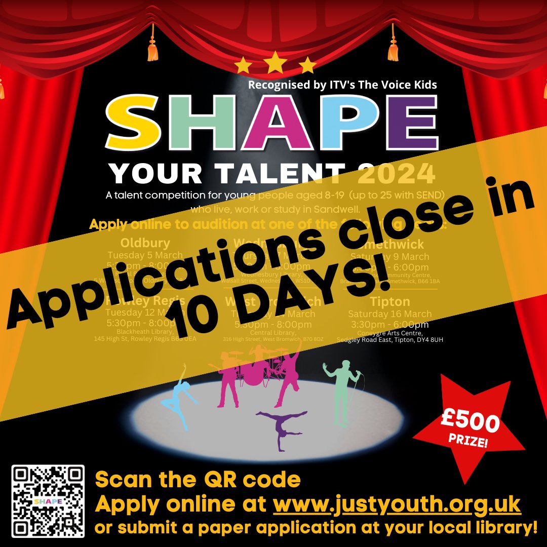 Applications for SHAPE Your Talent close in 10 days!! 👩‍🎤💃🤸‍♀️🎤🎹🥁🎷🎸 We are looking for young people aged 8-19 years old (up to 25 for those with additional needs) who live, work or are educated in Sandwell For more information, and to apply, visit: justyouth.org.uk/syt-info