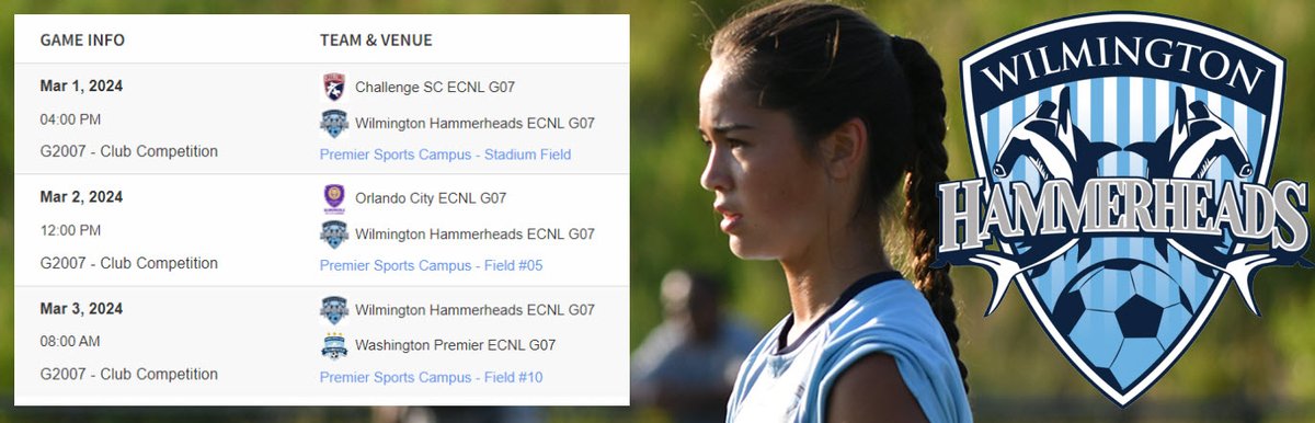 Schedule Update
<a href="/ECNLgirls/">ECNL Girls</a> #ECNLFL SPR 2024

Mar 1, 4pm STADIUM vs Challenge SC ECNL G07
Mar 2, 12pm FIELD #5 vs Orlando City ECNL G07
Mar 3, 8am FIELD #10 vs Washington Premier ECNL G07

@SoccerMomInt <a href="/ImYouthSoccer/">ECNL/GA/Recruiting/College Soccer</a> <a href="/ImCollegeSoccer/">College Soccer Truth ™</a> <a href="/PrepSoccer/">Prep Soccer ⚽️</a> <a href="/TopDrawerSoccer/">TopDrawerSoccer</a> <a href="/TheSoccerWire/">SoccerWire</a>