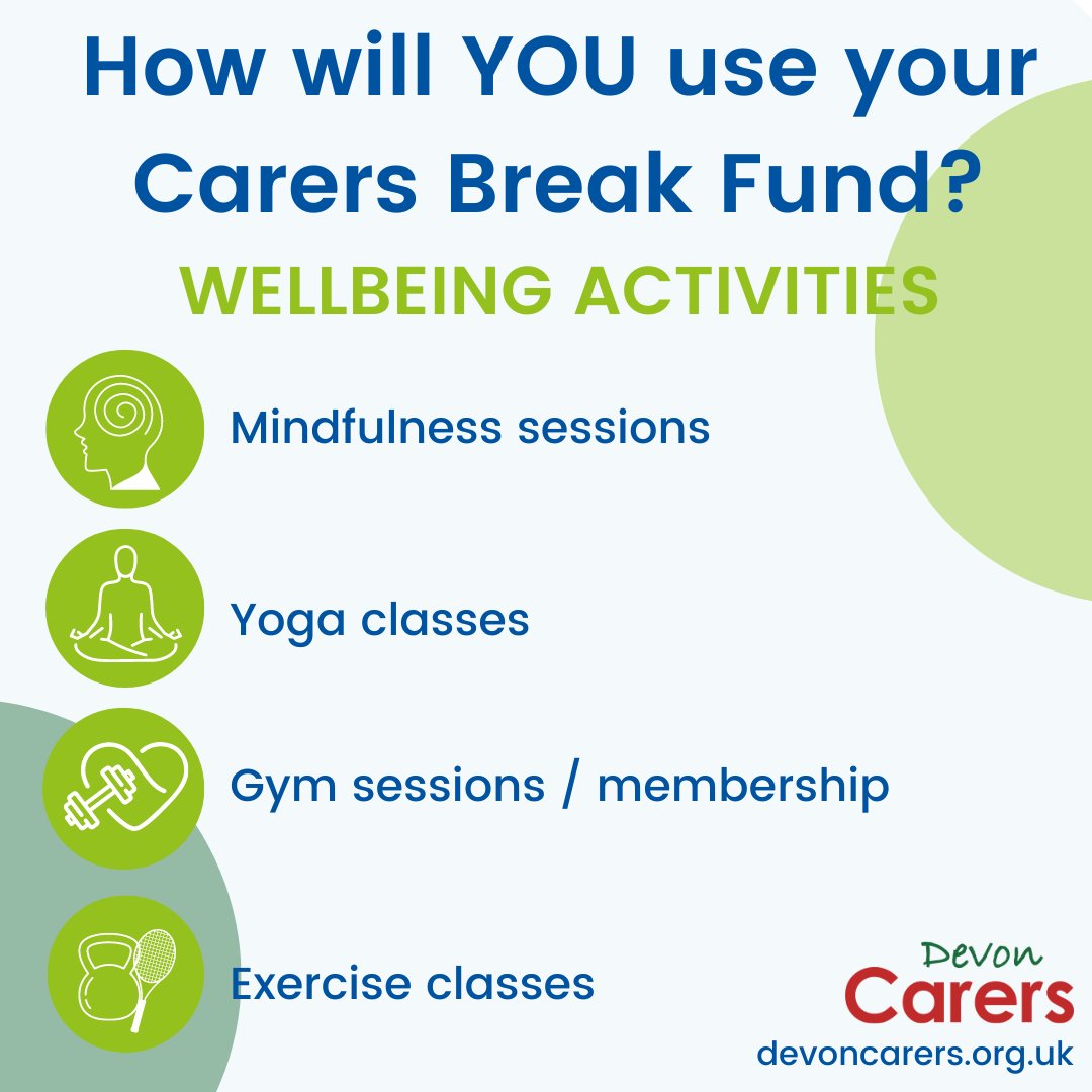 It's just as important to look after your mind as it is your body because the two go hand-in-hand!💪

Unpaid carers could use the Carers Break Fund to help pay towards a wellbeing activity to support your mental &amp; physical health &amp; enjoy some you time❤️ devoncarers.org.uk/information-an…