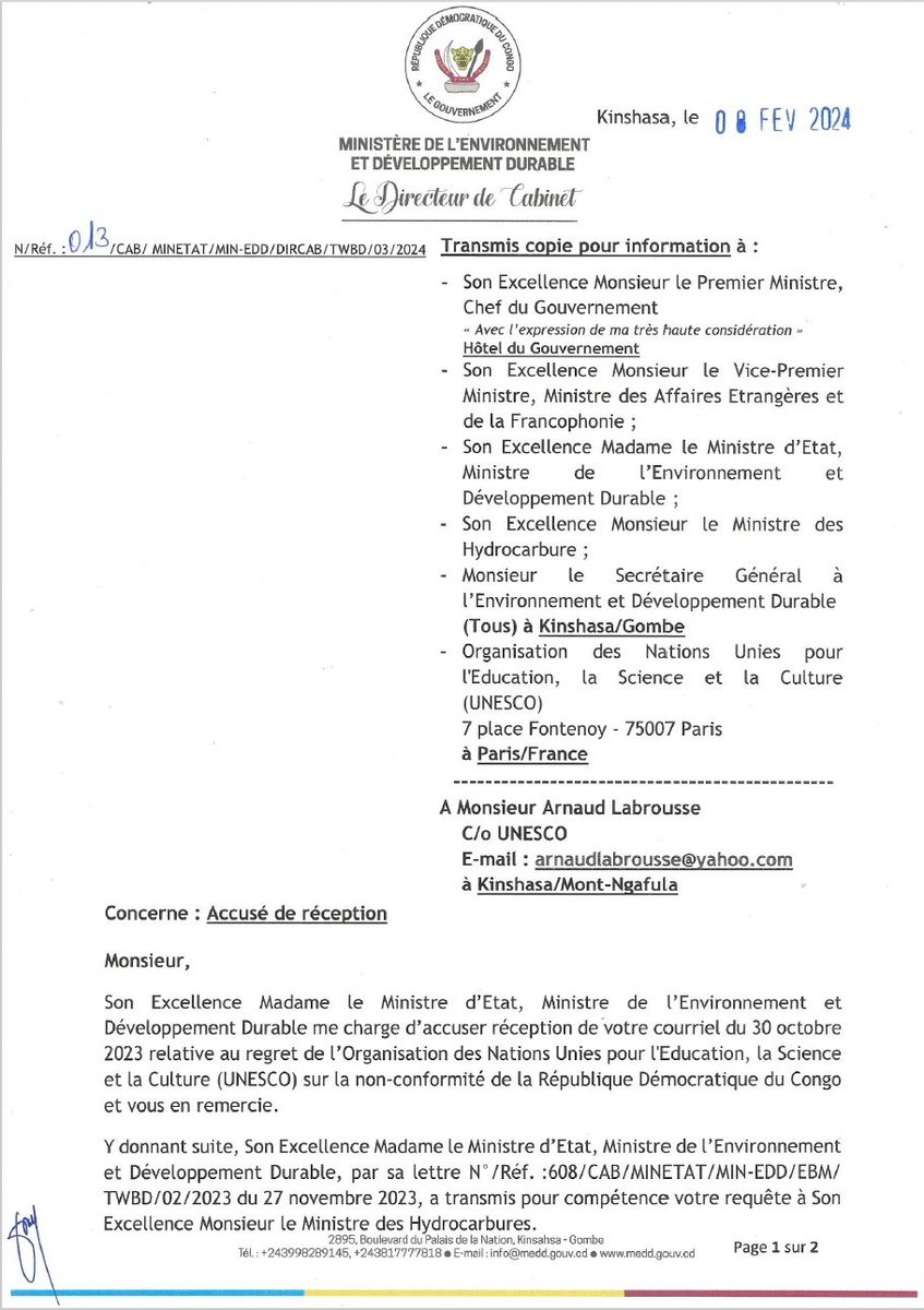 afrikarabia's tweet photo. #RDC Refus de la RDC d'accéder à la demande de l'#UNESCO d'annuler les #concessions #pétrolières qui chevauchent le parc national de la #Salonga. Dans ce courrier le @vpmedd indique que" ces blocs ne sont pas concernés par les appels d'offres en cours". Pourtant, ce sont sur ces blocs que porte la demande de l'#UNESCO...