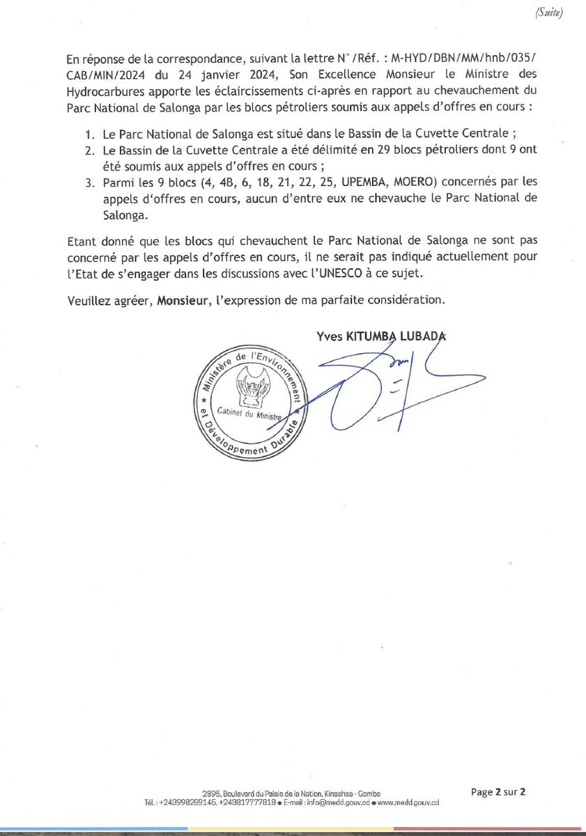afrikarabia's tweet photo. #RDC Refus de la RDC d'accéder à la demande de l'#UNESCO d'annuler les #concessions #pétrolières qui chevauchent le parc national de la #Salonga. Dans ce courrier le @vpmedd indique que" ces blocs ne sont pas concernés par les appels d'offres en cours". Pourtant, ce sont sur ces blocs que porte la demande de l'#UNESCO...