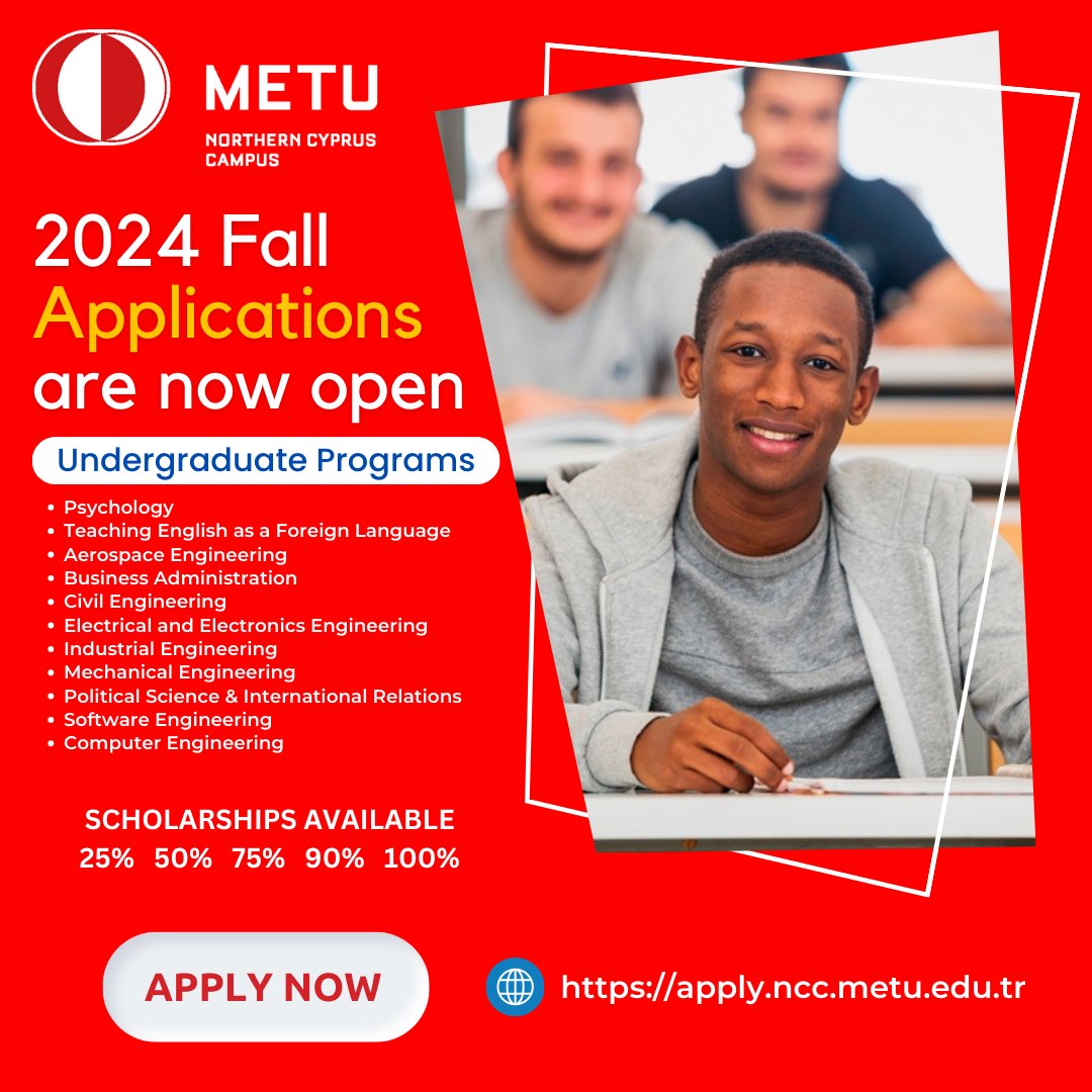 Applications for Fall 2024 (September) are now open! 📷 25%, 50%, 75%, 90% & 100% tuition fee scholarship opportunities are available! Online application: apply.ncc.metu.edu.tr